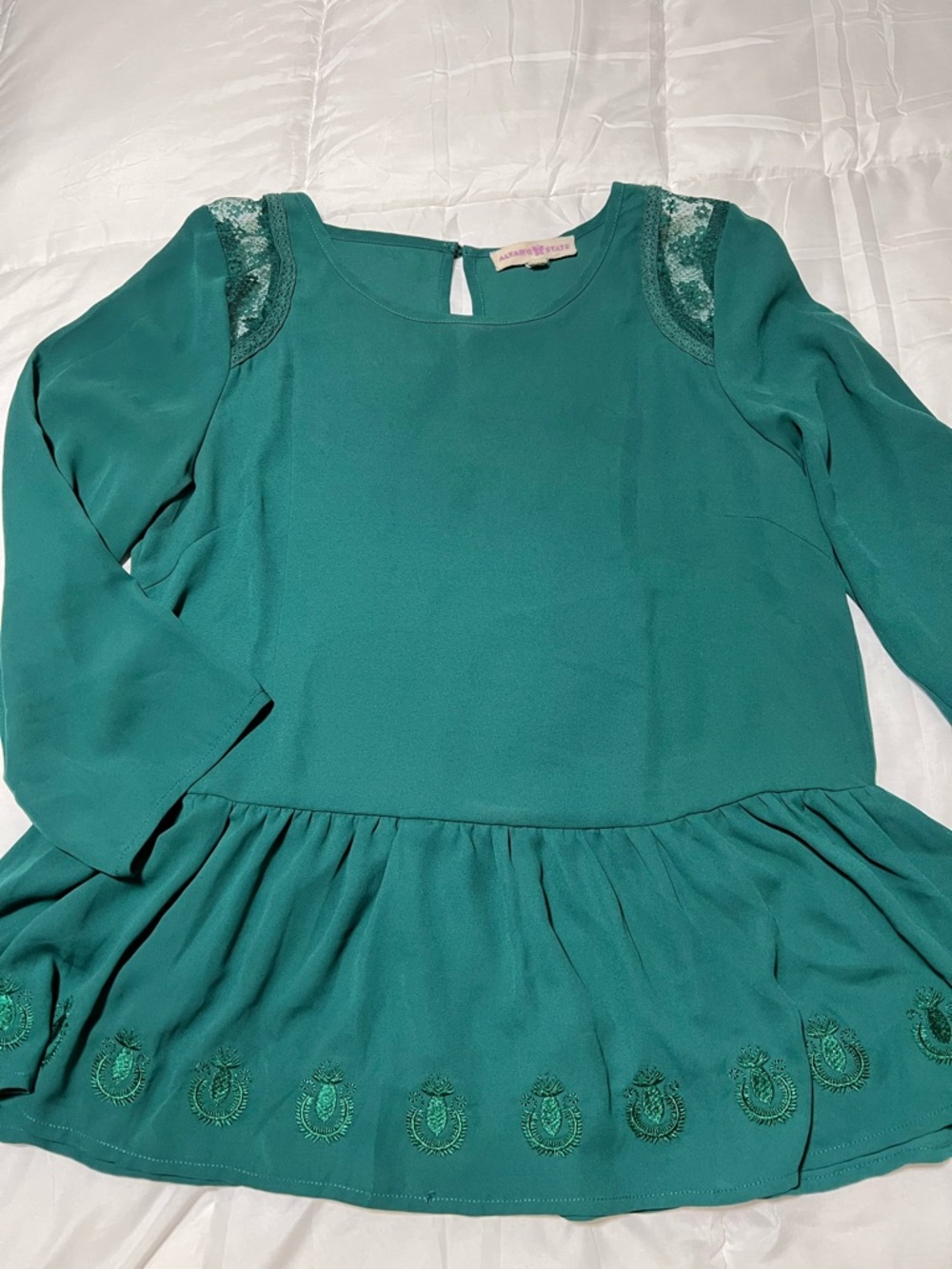 Altar'd State women’s Teal Long-Sleeve blouse with Lace Shoulders